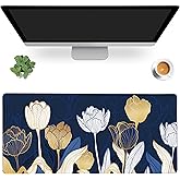 MIOAOSRT Desk Mat,Luxury Gold Tulip Flower Large Gaming Mouse Pad with Stitched Edges,Non-Slip Computer Mouse Pad for Desk,Extended XXL Keyboard and Mouse Pad 35.4x15.75 in