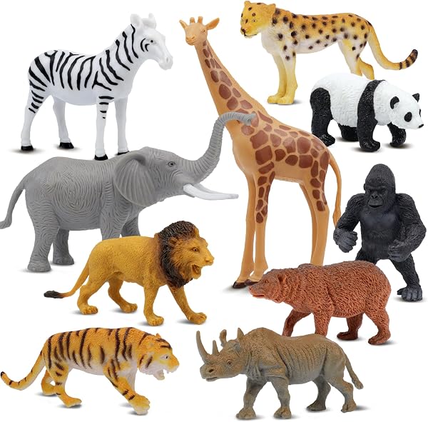Beetots Safari Animal Figurines Set for Kids, 10 Piece Realistic Wild Zoo Animals Collection with Elephant, Lion, Tiger, Gira