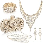 Quelay 4 Pcs Purse Rhinestone Jewelry Set Evening Clutch Bag Bling Crystal Necklace Dangle Earrings Bracelets Accessories