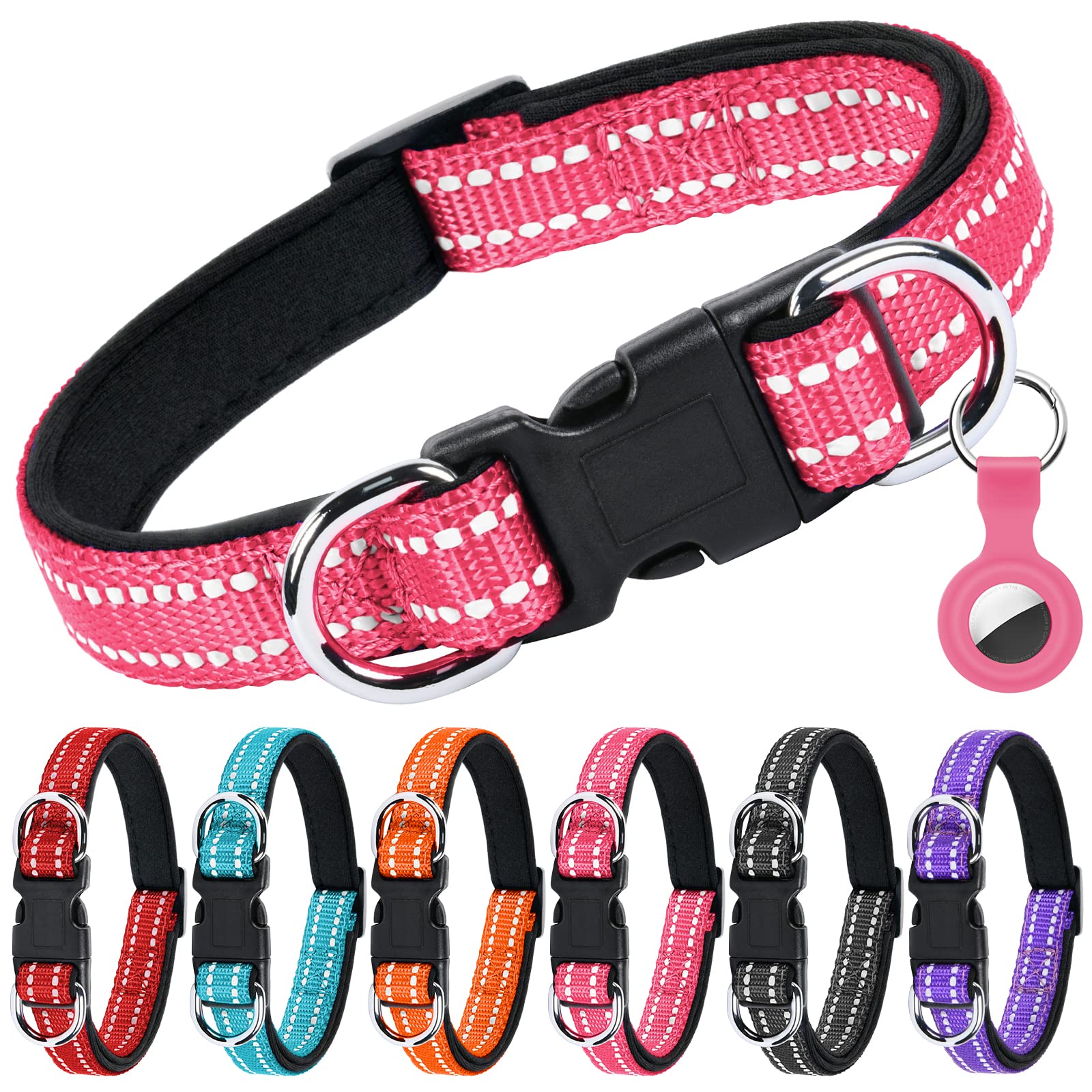 AUAUY Reflective Nylon Dog Collars, Double Security Adjustable Classic Pet Collars with Soft Neoprene Padding AirTag Case, Dual D-Ring Quick Release Buckle for Small, Medium and Large Dogs(Rose Red-L)
