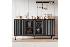 JASIWAY Sideboard Buffet Cabinet with Storage 55" Fluted Sideboard Cabinet with 4 Door Modern Accent Credenza Cabinet Buffet Table for Dining Room, Living Room, Kitchen, Hallway, Black