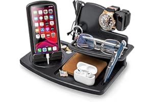 TESLYAR Wood Swivel Phone Docking Station Ash Key Holder Wallet Stand Watch Organizer Men Husband Wife Anniversary Dad Birthday Nightstand Purse Father Graduation Male (Black)