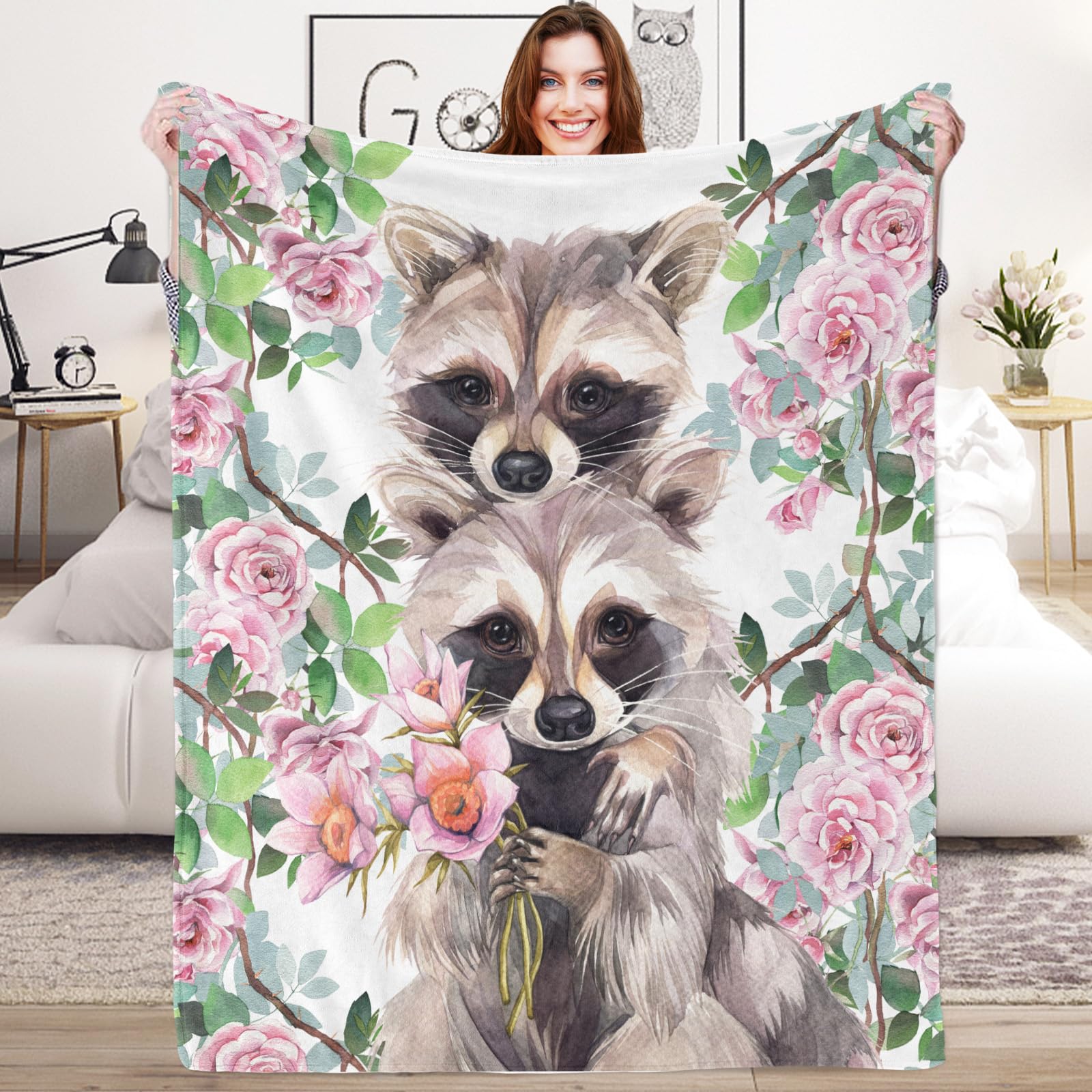 Watercolor Raccoon Flower Blanket Gifts for Girls, Cute Floral Raccoon Plush Flannel Throw Blanket for Kids Cow Lover, Highland Cow Cozy Fluffy Blanket for Women Women Couch Bed Sofa, 130x150 cm