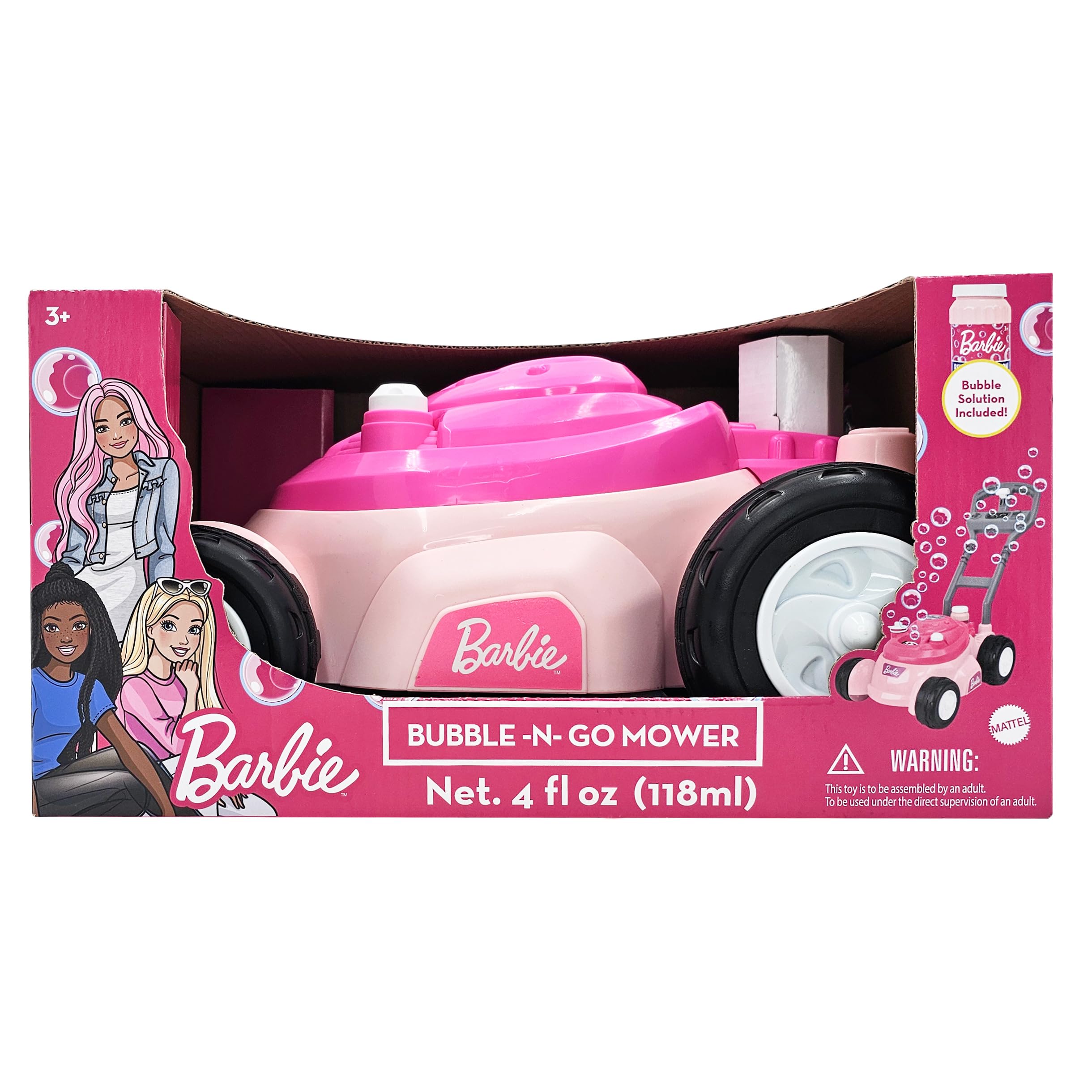 Barbie Bubble Lawn Mower for Toddlers, Bubble Blowing Machines, Indoor and Outdoor Gardening Toy, Birthday, Party Favor for Preschool Girls, No Batteries Required, Includes Bubble Solution, 2+