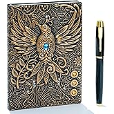 Embossed Leather Journal Writing Notebook - Antique Handmade Leather Daily Notepad Sketchbook, Travel Diary & Notebooks to Write in, Phoenix Gift For Men & Women, with Golden Classic Pen, (Bronze)