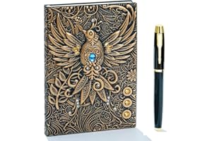 FENGCO Embossed Leather Journal Writing Notebook - Antique Handmade Leather Daily Notepad Sketchbook, Travel Diary & Notebooks to Write in, Phoenix Gift For Men & Women, with Golden Classic Pen, (Bronze)
