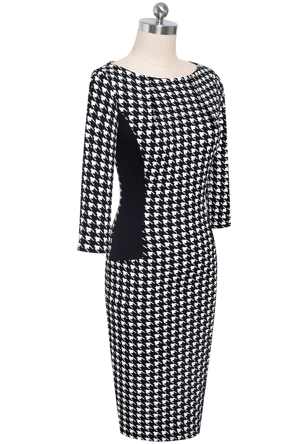 HOMEYEE Damen Vintage Rundhalsausschnitt Hahnentrittmuster Stretch Businesskleid B550