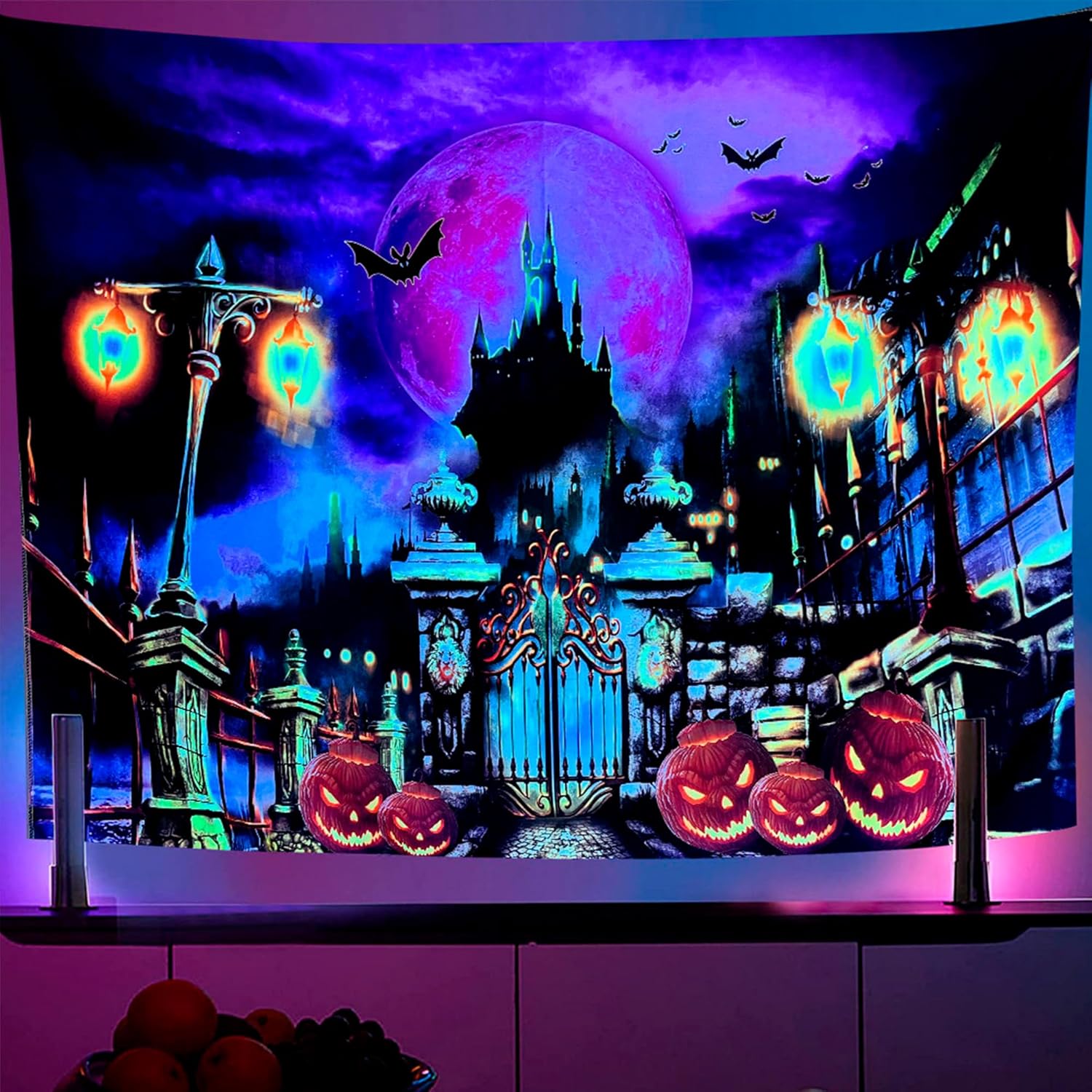 Tapestries - Hysenm Blacklight Castle Tapestry 59x79 Inches UV Reactive Trippy Tapestry Hippie Room Decor Halloween Pumpkins Bats Moon Post Lamps Poster Scary Bedroom Wall Hanging