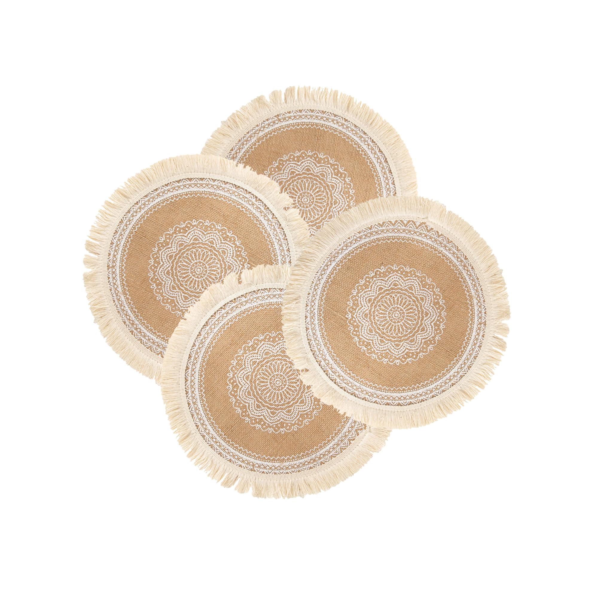 CAPASIN Round Placemats Set of 4, Dining Winter Modern Dinner Braided Beige Boho Round Table and Fall Circle Placemats Boho Tssels Runner Kitchen Table Plate Mats Set of 4 (White)