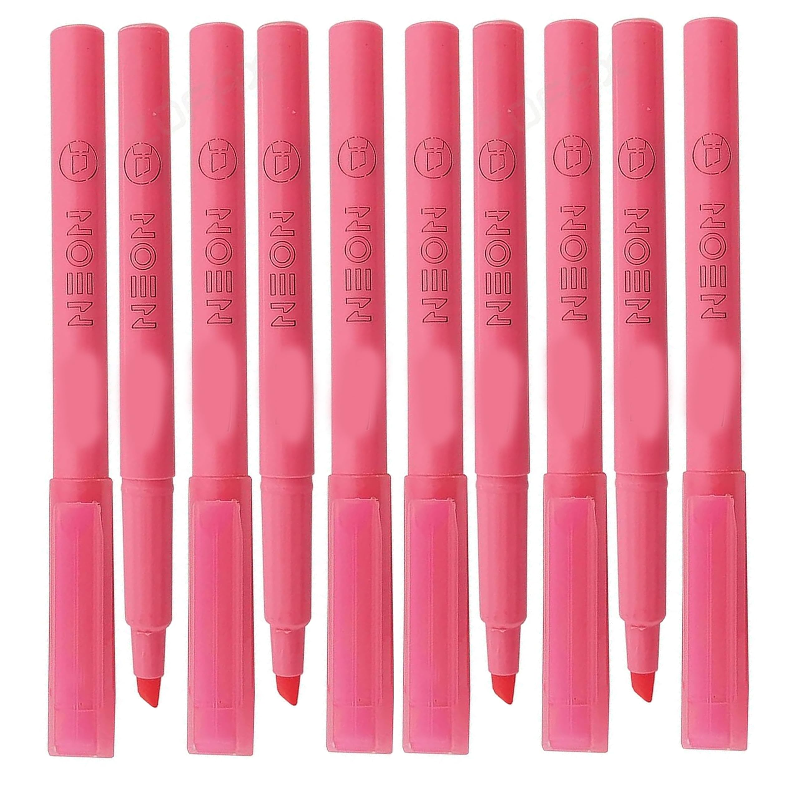 NEON Fluorescent Highlighter Pens, PINK, Chisel Tip, 1-4mm Lines, Pack of 10, Multipack, Quick Dry, School Office Home Highlighters, iVAIDEX Black Ball Pen