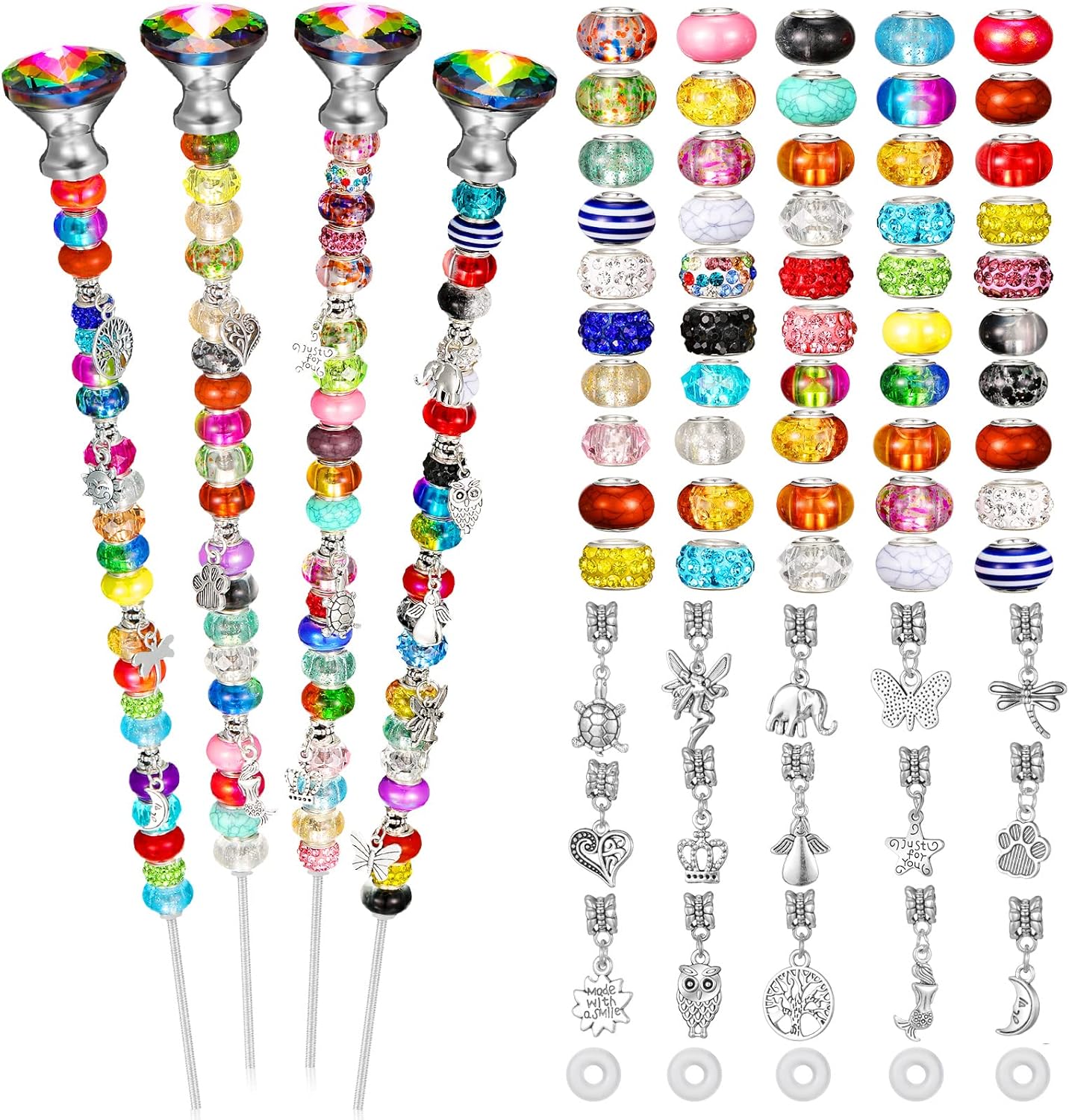 Decorative Garden Stakes - MTLEE Garden Stakes Decorative Beaded Garden Stakes with Crystal Stopper Top Round Glass Bead Antique Silver Bail Bead with Pendant Silver Bead for Outdoor Decoration(Sweet Style,101 Pieces)