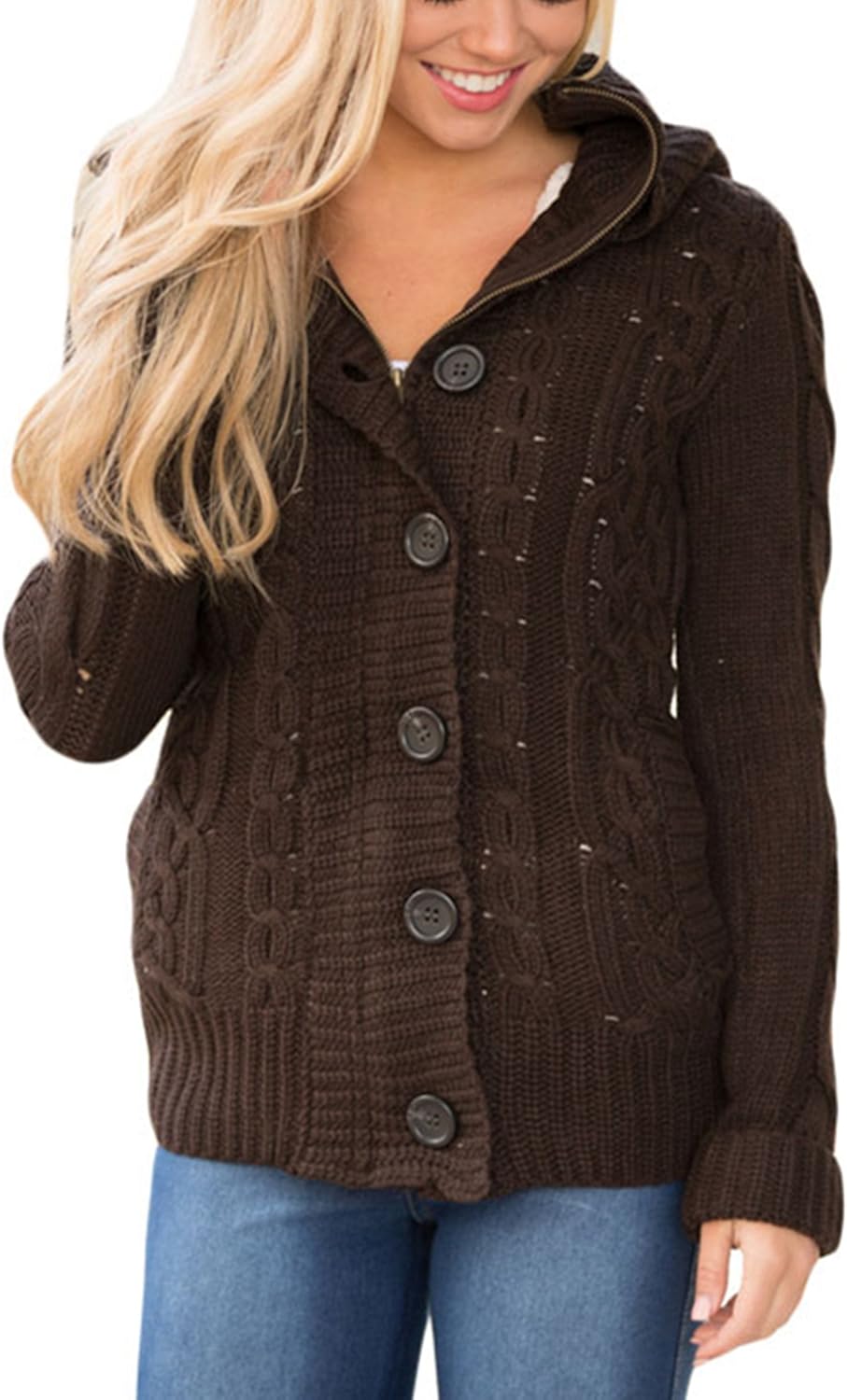 Sidefeel Women Hooded Knit Cardigans Button Cable Sweater Coat at  Women’s Clothing store