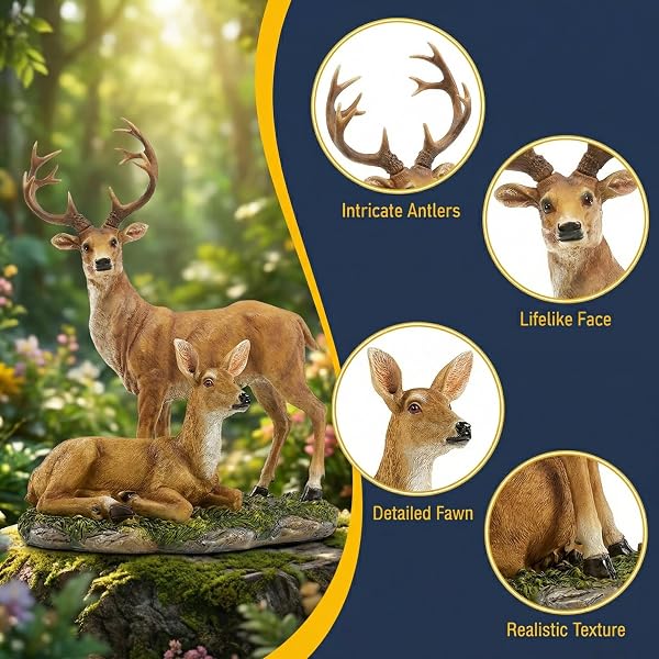 XTAPAN RESIN FEMALE DEER & STANDING MALE DEER FIGURINE ANIMALS STATUE HOME GARDEN YARD ORNAMENT LAWN OUTDOOR PATIO DECOR