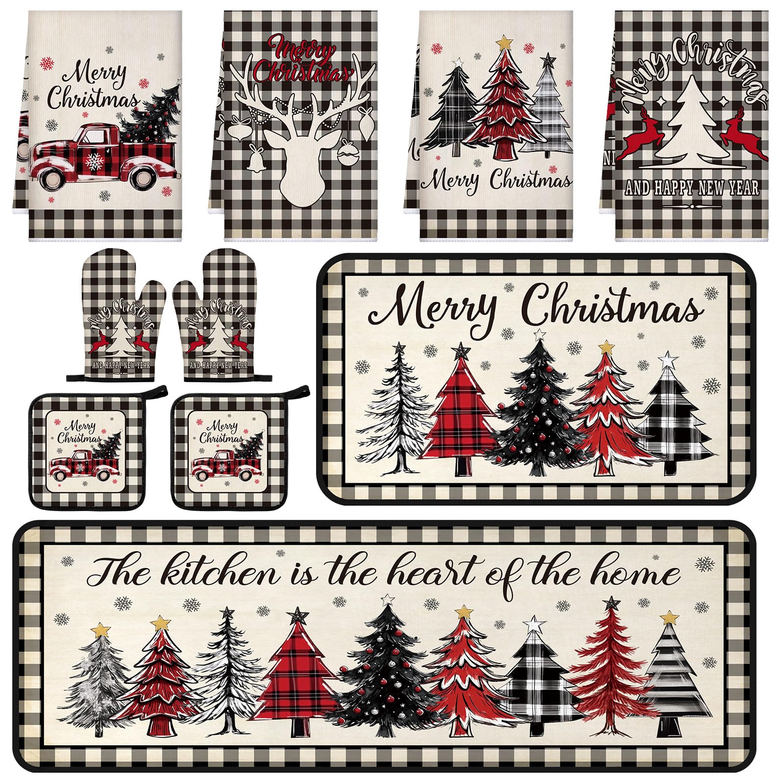Photo 1 of Fourluoo 10 Pcs Christmas Tree Farmhouse Kitchen Decor Set Dish Towels Kitchen Rugs Oven Mitts and Pot Holders Set for Cooking Baking Grilling Women Mom Daughter Gift (Retro Black White)