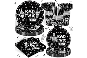 ASLERMURE 140PCS Bad Two The Bone Theme Party Decorations Boy Rock And Roll Birthday Tableware Include Plates,Napkins and Cups for Birthday Party Decorations