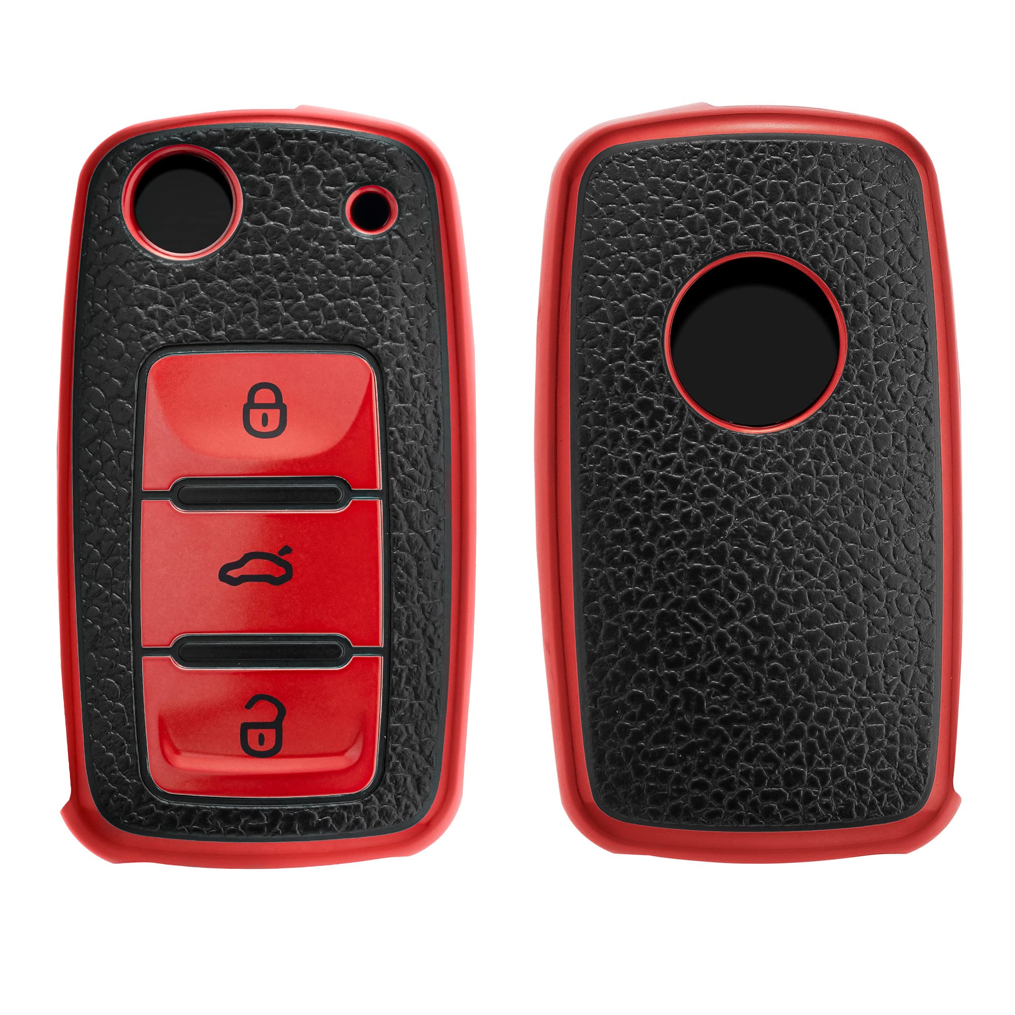 kwmobile Key Cover Compatible with VW Skoda SEAT 3 Button Car Key - TPU Leather Look Car Key Fob Protector - Red/Black