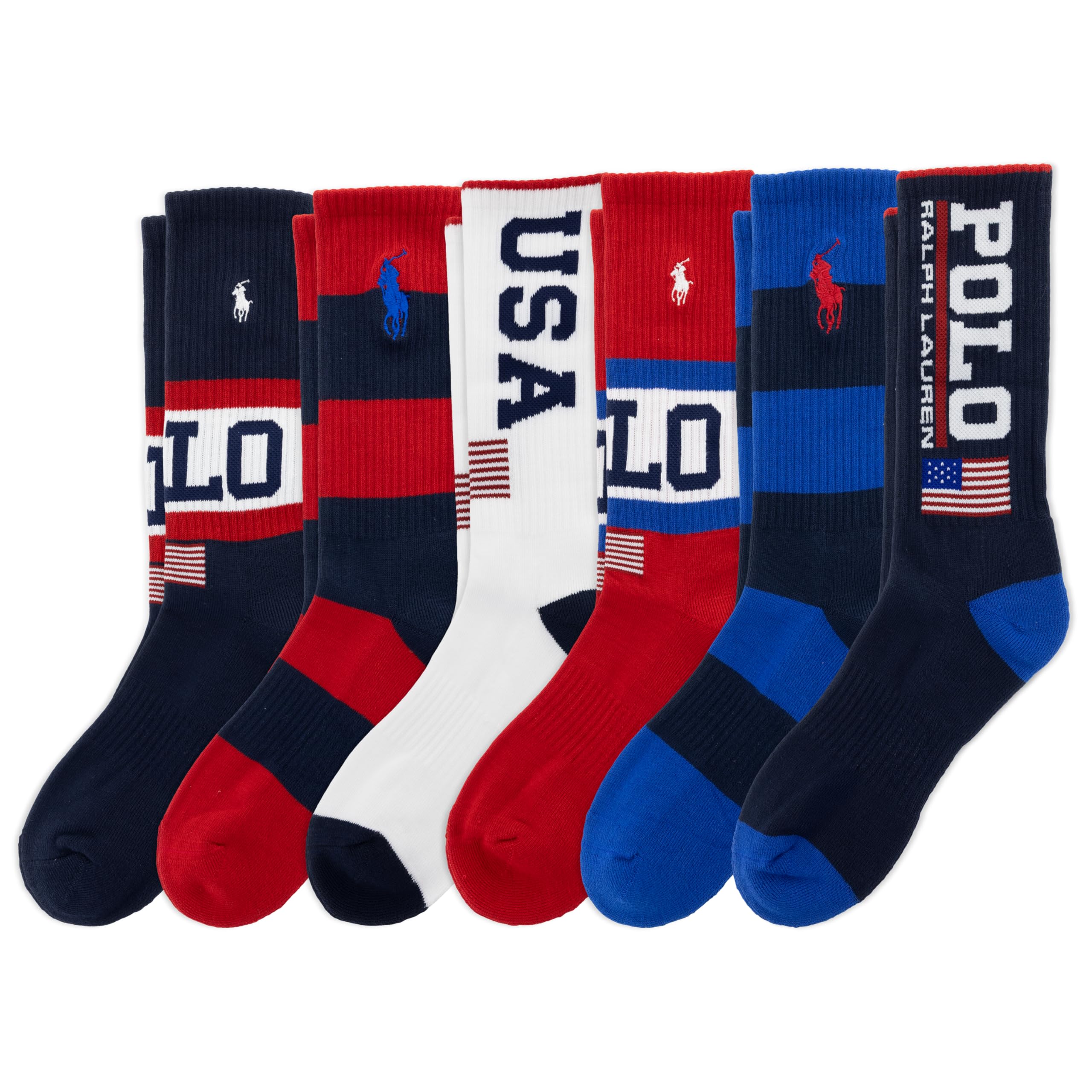 Polo Ralph Lauren Men's USA Stadium Crew Sock, Navy Assorted, 6-12.5, 6 Pack Image