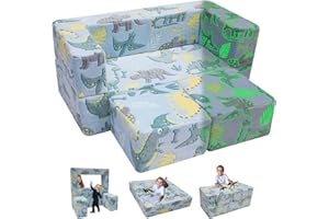 MeMoreCool Glow-in-The-Dark Dinosaur Kids Loveseat - Modular Toddler Play Couch That Folds Out, Convertible Foam Chair & Mini Sofa Bed with Washable Plush Cover, 2-Seat Playroom Furniture
