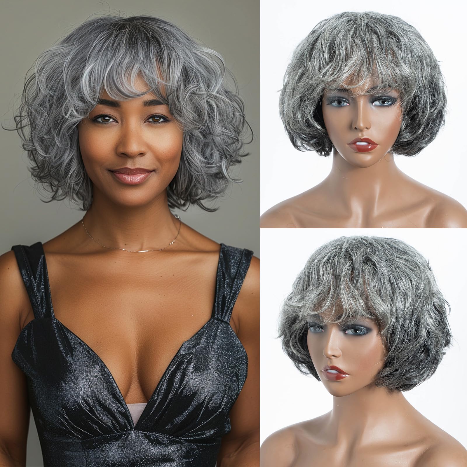 JOEDIR HAIR Grey Wavy Wigs - Human Hair with Bangs, Short Curly Bangs, Glueless Pixie Cut, Salt and Pepper, Old Lady Wig