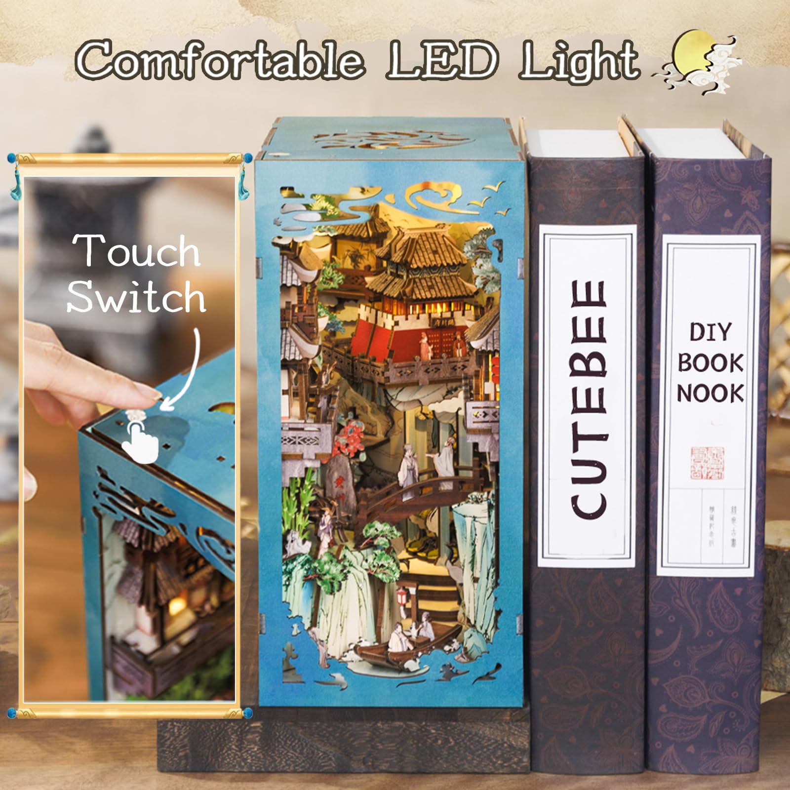 Kit Booknook CUTEBEE – Librairie Miniature Du Comte Chat Avec Éclairage LED Et Couvercle Anti-Poussière, Maquette 3D En Bois à Assembler Pour Adultes