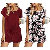 Ekouaer 2 Pack Womens Pajama Sets Short Sleeve Sleepwear Soft Crew Neck Pj Shorts Set Printed Loungewear Set S-XXL
