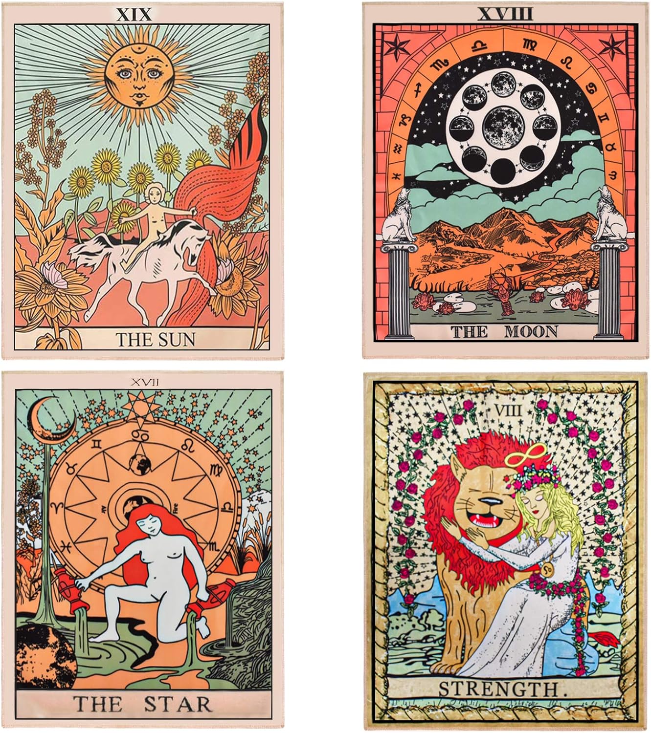Tapestries - ZeeDix 4 Pcs Tarot Flag Tapestry- Small Tarot Card Europe Mysterious Medieval Tapestry, The Strength, The Sun, The Moon, The Star Astrology Divination Tapestry for Home Room with Seamless Nails