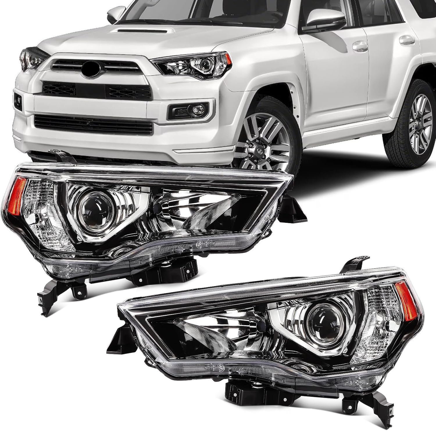 SCITOO Headlight Assembly Fit 2014-2021 For Toyota 4Runner Black Housing Amber Reflector Pair Headlights 81170-35571