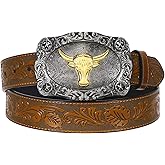 UpFind Women Men Western Belts Engraved Leather Cowgirl Cowboy Belt with Silver Longhorn Bull Buckle for Jeans Dresses