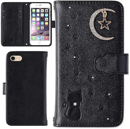 Amazon Ipod Touch 第6世代ケース 手帳型 カバー かわいい 猫 星 月 型押し エンボス レザー調 手帳 スマホケース カード収納 ケース ブラック 全機種対応 Ipod Apple モバイルプラス ケース