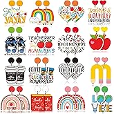 Huquary 16 Pairs Christmas Teacher Earrings Bulk for Women Acrylic Rainbow Pencil Book Drop Dangle Earrings Colorful Teacher Appreciation Gifts