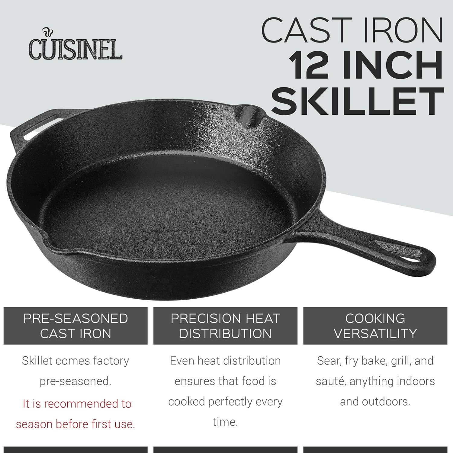Pre-Seasoned Cast Iron Skillet (12-Inch) with Handle Cover Oven Safe Cookware - Heat-Resistant Holder - Indoor and Outdoor Use - Grill, Stovetop, Induction Safe: Kitchen & Dining