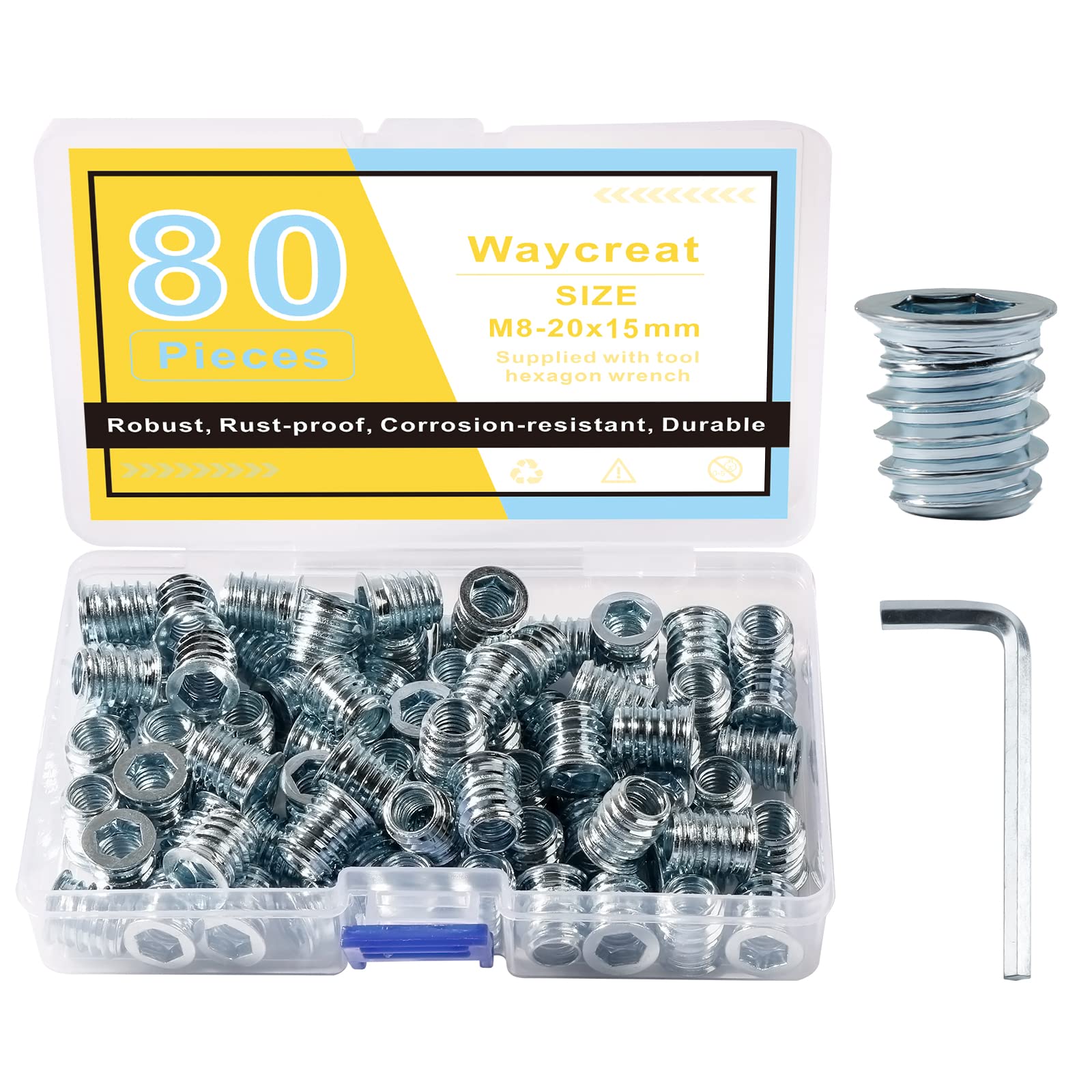 Waycreat 80pcs M8 x 15mm Threaded Inserts for Wood, Hex Socket Drive Threaded Inserts Fastener Nuts, Silver