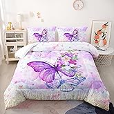 Nttopship Violet Butterfly Comforter Set Full Size ，Cute Flower Butterfly Bedding Set for Bedroom Soft Microfiber All Season 3pcs(1 Comforter & 2 Pillowcases)