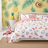 Simple&Opulence 100% Organic Cotton Duvet Cover for Kids Teens, 3 Piece Soft Cartoon Comforter Cover with Zipper Closure, Kawaii Girls Bedding Set with Colorful Fruits Pattern, Twin