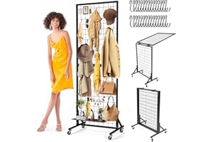 Ucron Foldable Grid Wall Panels Display Rack 5.6' x 2' FT with 30 Hooks, Movable Gridwall Display Stand for Retail Display Craft Merchandise