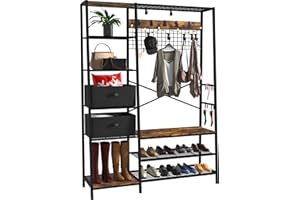 LGHM Modern Versatile Hall Tree with 10 Fixable Metal Hooks, Coat Rack Stand with 6 Side Shelves, Entryway Shoe Bench with Adjust Coat Rack, Top Mesh Shelf, 2 Fabric Box Rustic Brown