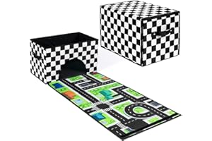 HFKPJRT Toy Car Storage Box with Play Mat, 2-in-1 Collapsible Car Organizer Garage with Racetrack, Large Toy Organizer Bin fo