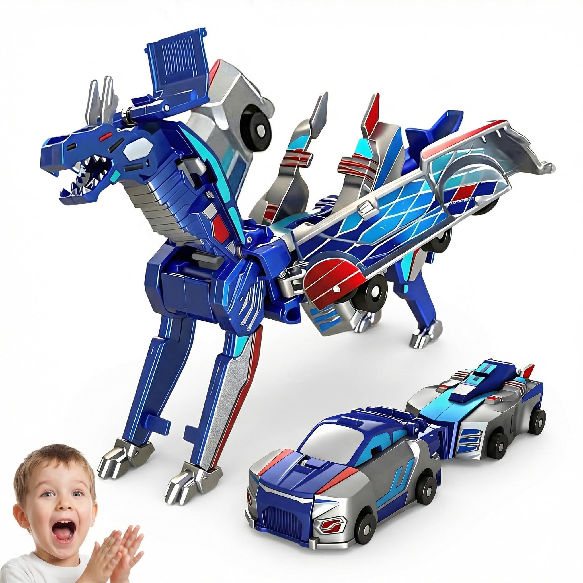 Collision Transforming Dinosaur Car Toy -2-in-1 Magnetic Cars Convert to Dinosaur Robot, Crash-Activated Deformation Toy No Battery Needed, Easter Day Birthday Gift for Boys Girls Age 3-12 (Blue)