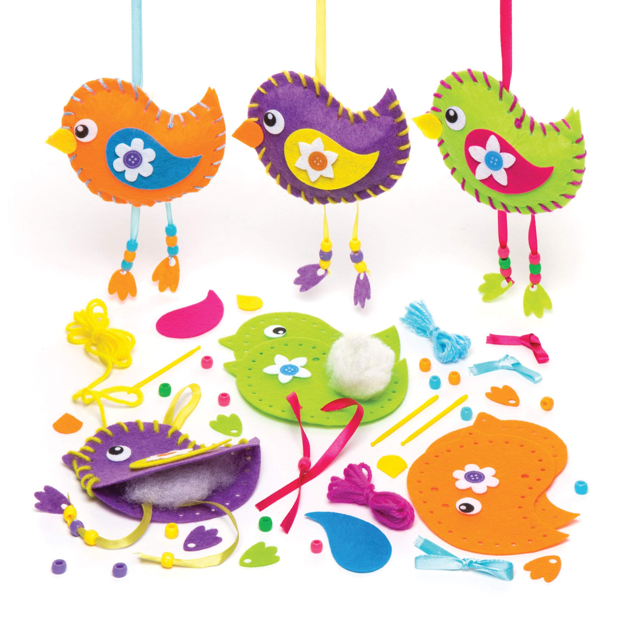 Baker Ross AW305 Spring Themed Bird Sewing Kits (Pack of 3) for Kids to Make and Decorate, Assorted