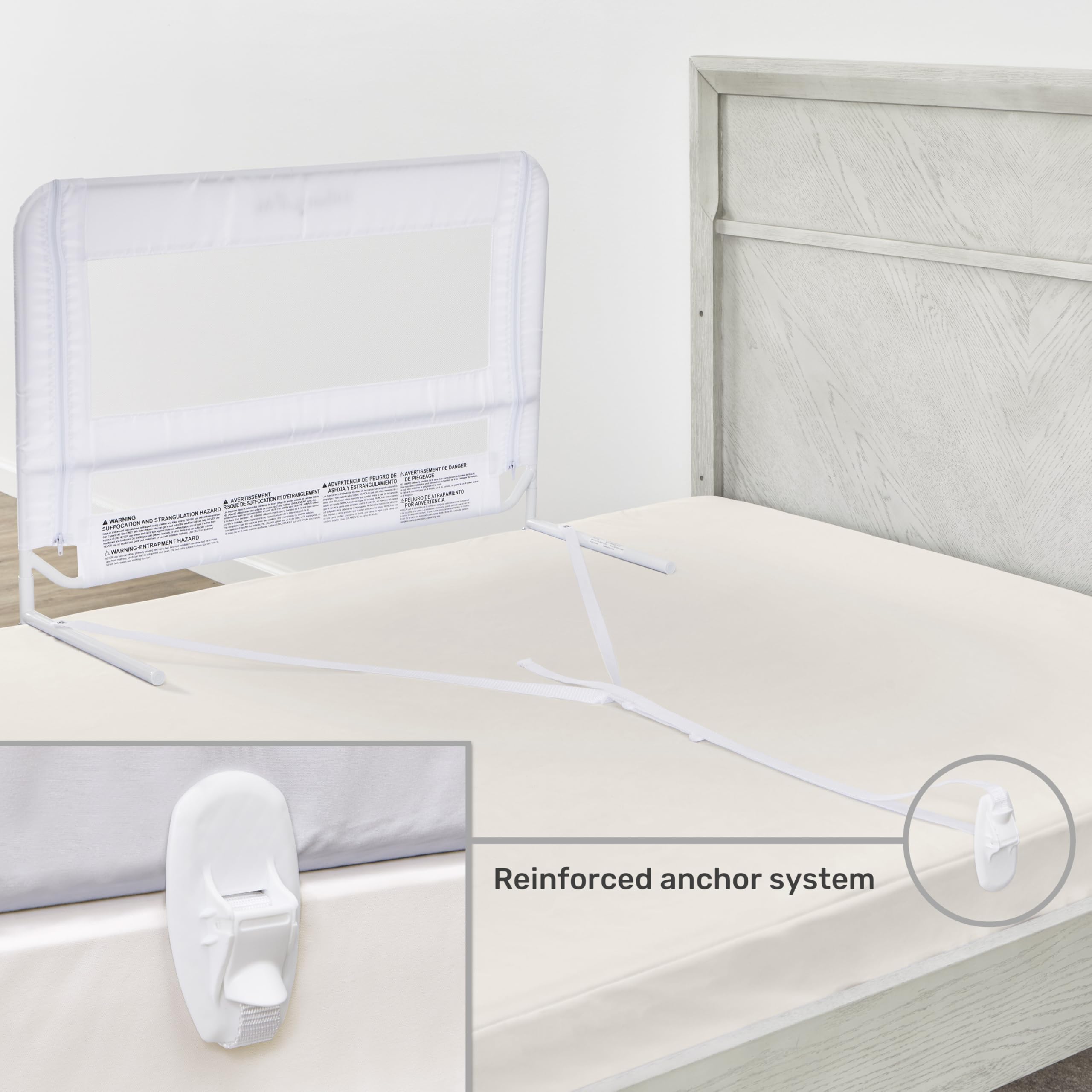 Dream On Me Lightweight Mesh Security Adjustable Bed Rail for Toddler, Breathable Mesh Fabric, Suitable for All Types Of Beds, Reinforced Anchor System Bed Guard Rail, White