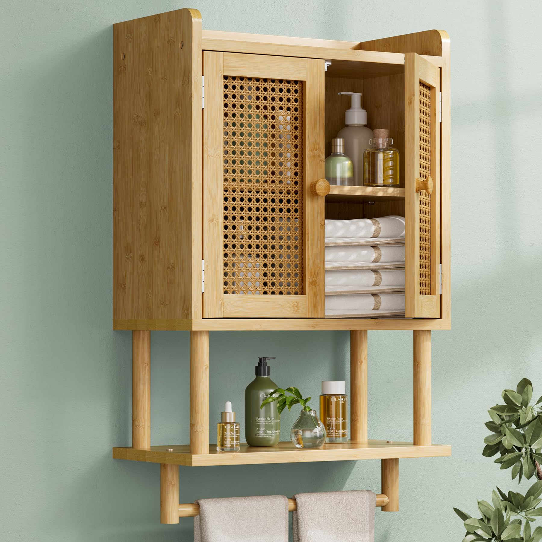 Photo 1 of AmazerBath Bathroom Wall Cabinets, Bamboo Medicine Cabinet with Rattan Door, Over The Toilet Storage Cabinet with Towel Bar, Wall Mounted Cabinet with Adjustable Shelves for Small Spaces