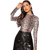 SweatyRocks Women's Long Sleeve Graphic Print Mesh Crop Top