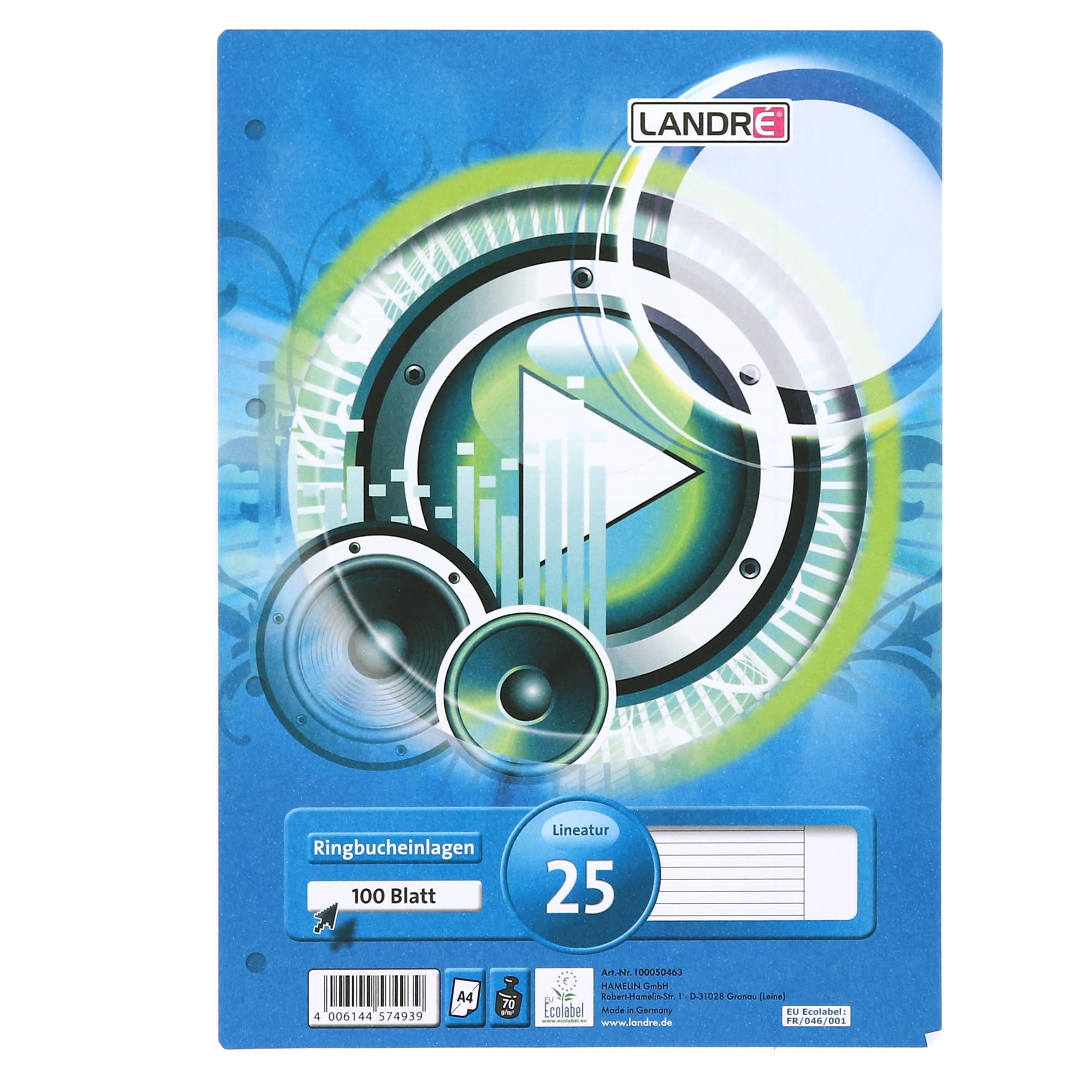Landre 100050463 Ring Binder Inserts A4 100 Sheets Lined White Margin 70 g/m² Round Corners Perforated Ring Binder Insert Paper Insert