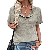 EVALESS Spring Summer Tops for Women Casual Short Sleeve T Shirts V Neck Henley Shirts Patchwork Button Up Knit Pullover Tops