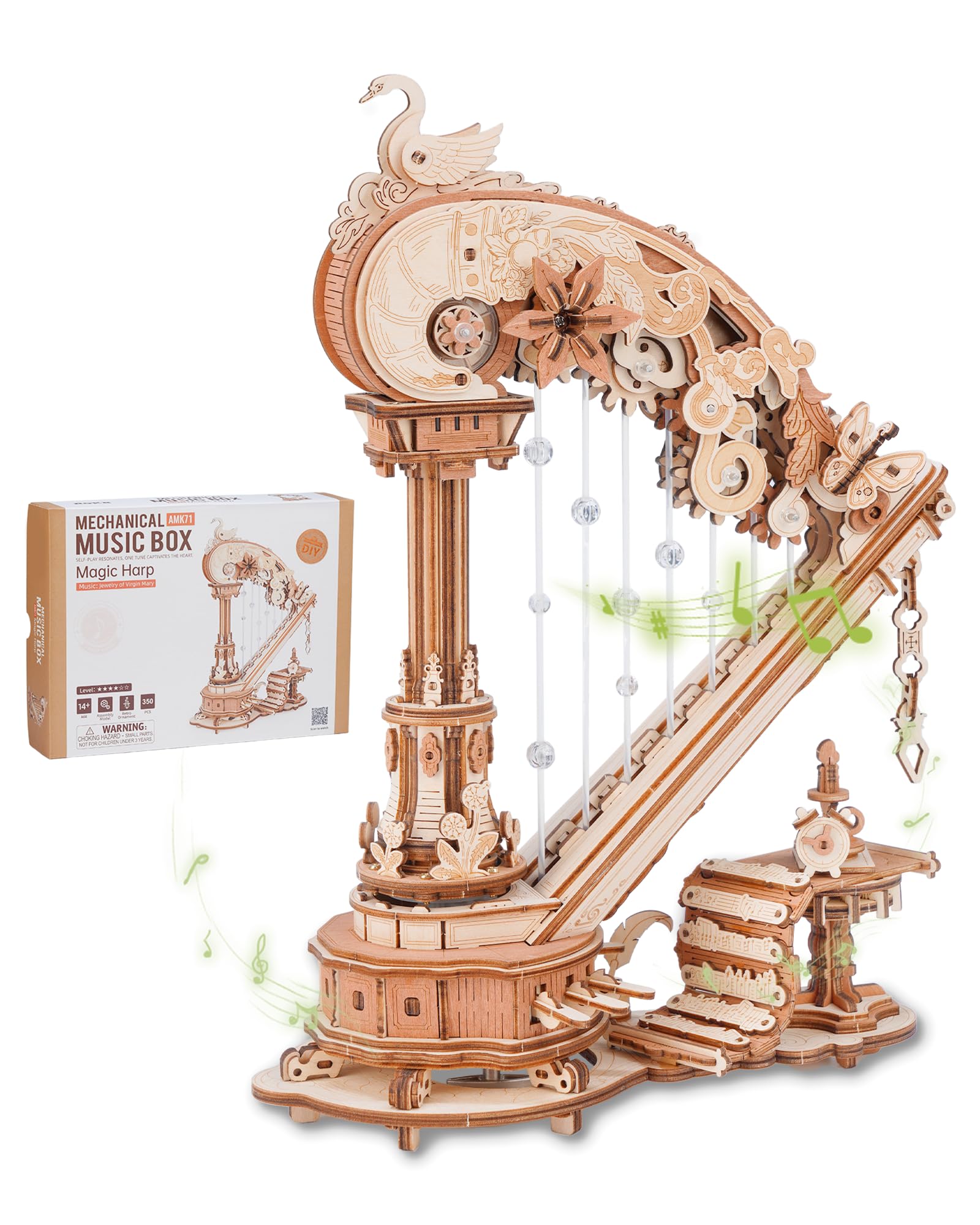 ROBOTIME 3D Puzzle Harp Music Box with Automatic String Plucking, Classical Wooden Model Kits for Adults, DIY Craft for Home Decor and Gift Giving