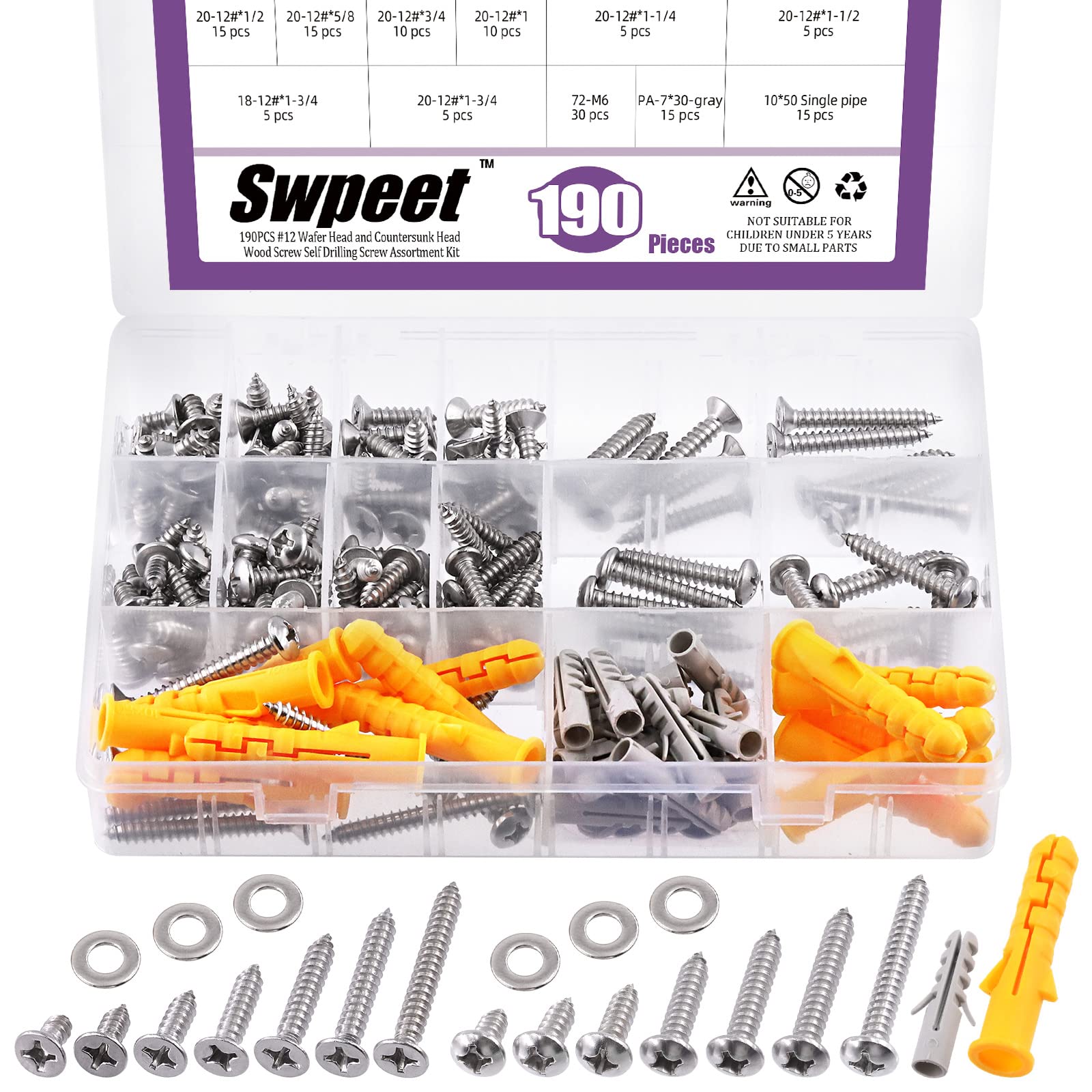 Swpeet 190Pcs #12x 1/2" 5/8" 3/4" 1" 1-1/4" 1-1/2" 1-3/4" 304 Stainless Steel Flat Head and Pan Head Fast Self Tapping Drywall Screws Wood Screws Sheet Metal Screws with Flat Washer and Drywall Anchor