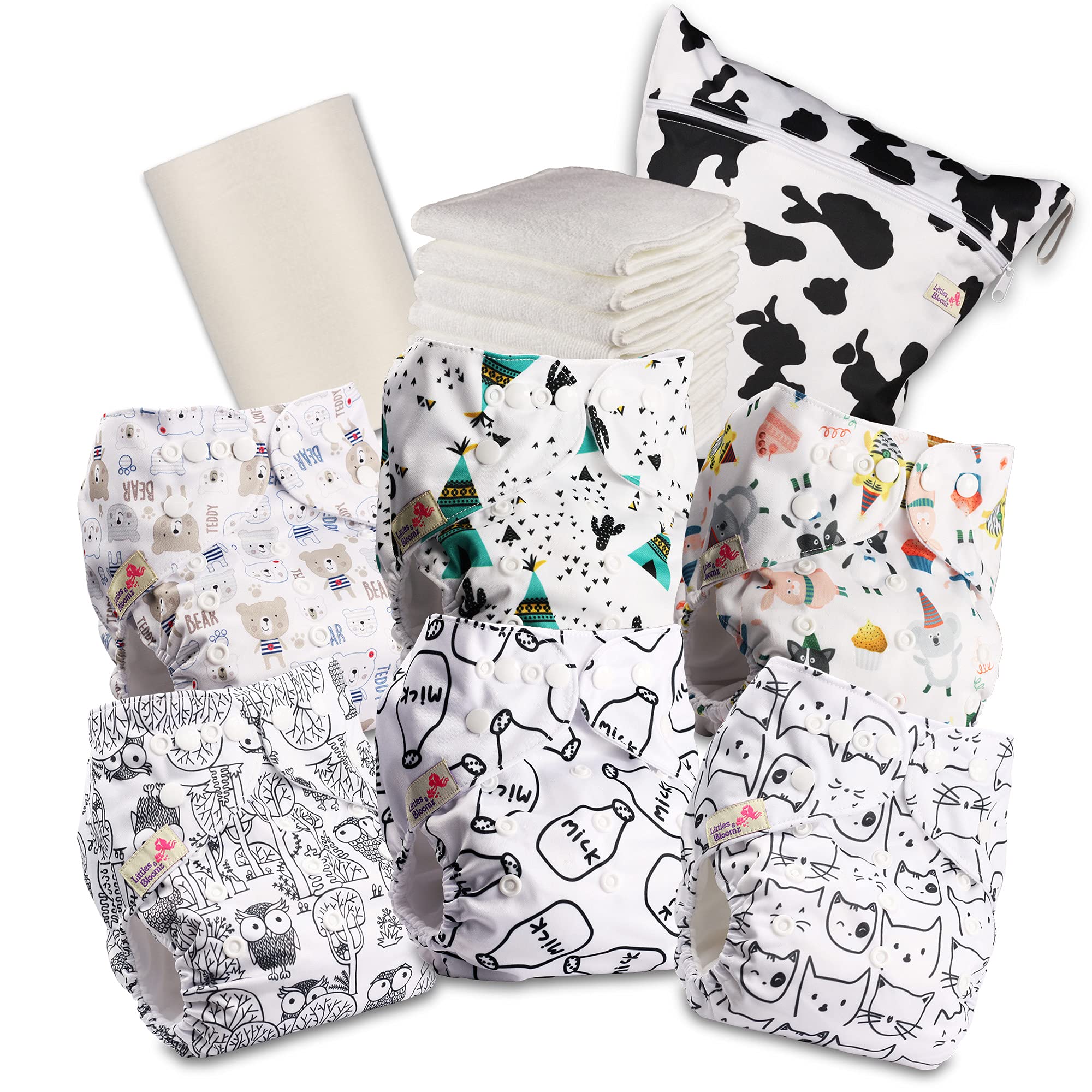 Littles & Bloomz Reusable Nappies – Pocket Cloth Nappy with Standard Poppers, 6 Nappies + 6 Microfibre Inserts, Bamboo Liner & Wet Nappy Bag 603PM6