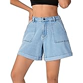 roswear Women's Jean Shorts Stretch Baggy with Cuffed Hem Large Pockets