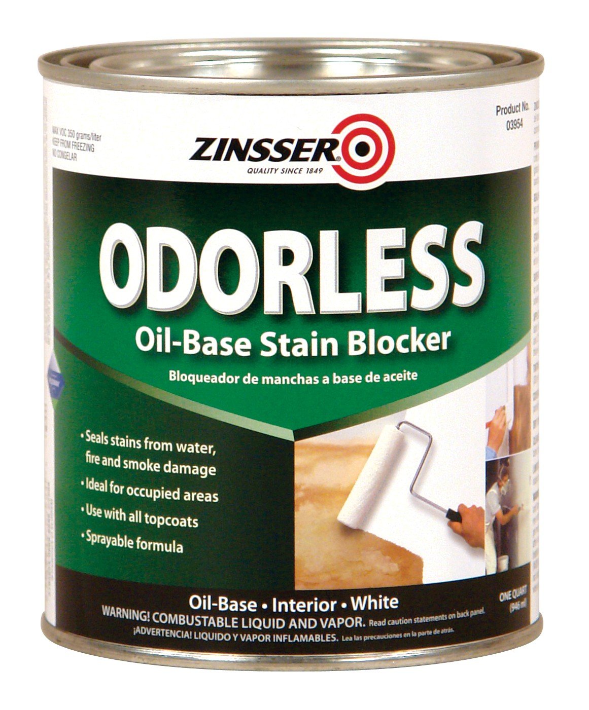 Rust-Oleum Zinsser 3954 Odorless Oil-Base Stain Blocker Primer, Quart, White