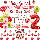 Cheereveal Strawberry 2nd Birthday Decoration, Our Berry Sweet is Turning Two Backdrop Two Sweet Banner, Cake Topper Balloons, 2 Years Old Girl Birthday, Strawberry Shortcake Baby Shower Supplies